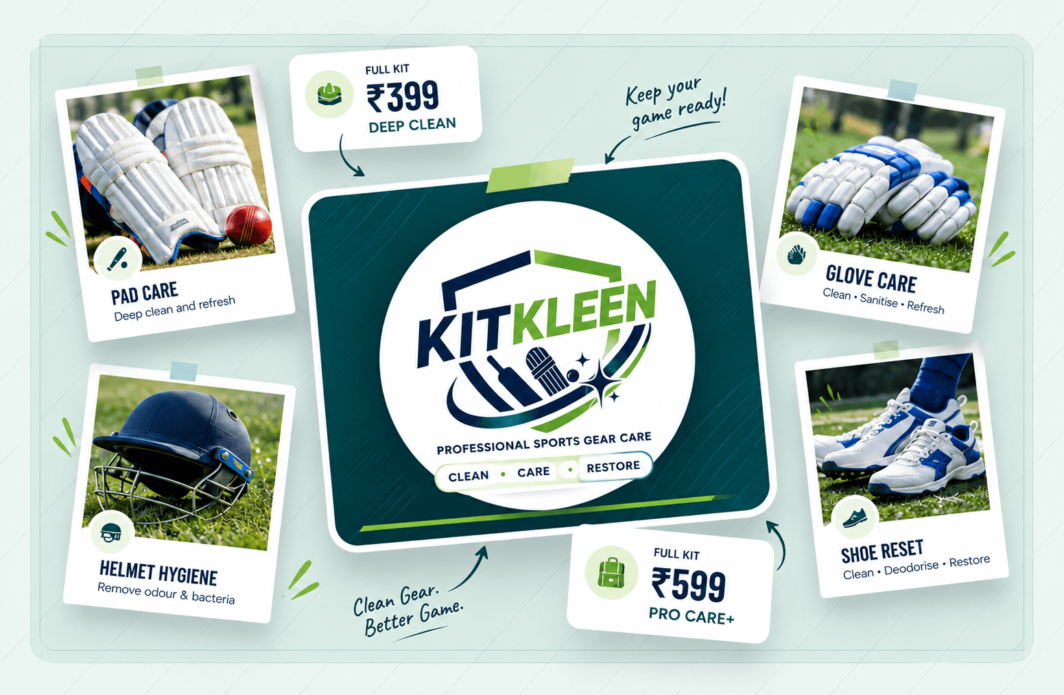KitKleen professional sports gear care for cricket pads, gloves, helmet and shoes
